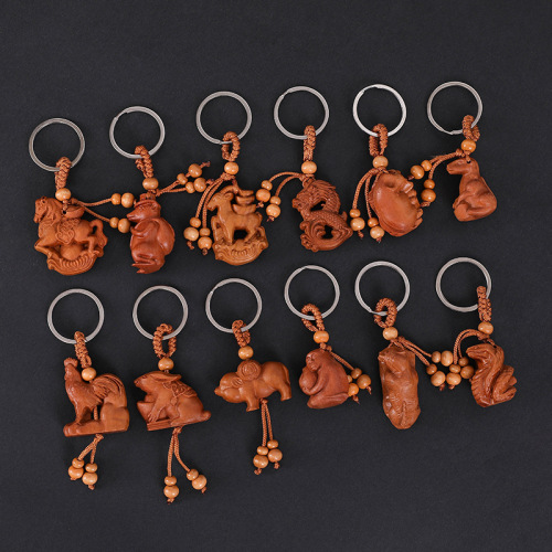Car pendant twelve zodiac carved peach wood three-dimensional key chain transfer gift wooden pendant key chain