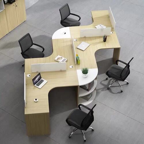 Office Desk for Four People, Simple Modern Screen Workstation, Creative Corner Asymmetric 6-Person Desk and Chair Set