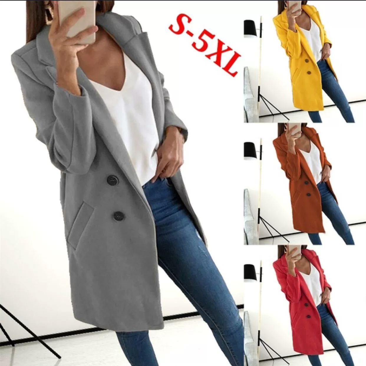 Amazon желает, европейская и американская экспортная женская новая однотонная шерстяная тонкая верхняя одежда средней длины с лацканами на пуговицах