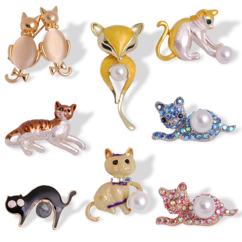 Custom European And American Drop Glaze Enamel Drop Oil Brooch Pearl Silk Towel Buckle Pin Cat Eye Stone Collar Pin Cat Brooch
