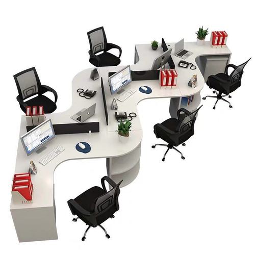 Office Desk for Four People, Simple Modern Screen Workstation, Creative Corner Asymmetric 6-Person Desk and Chair Set