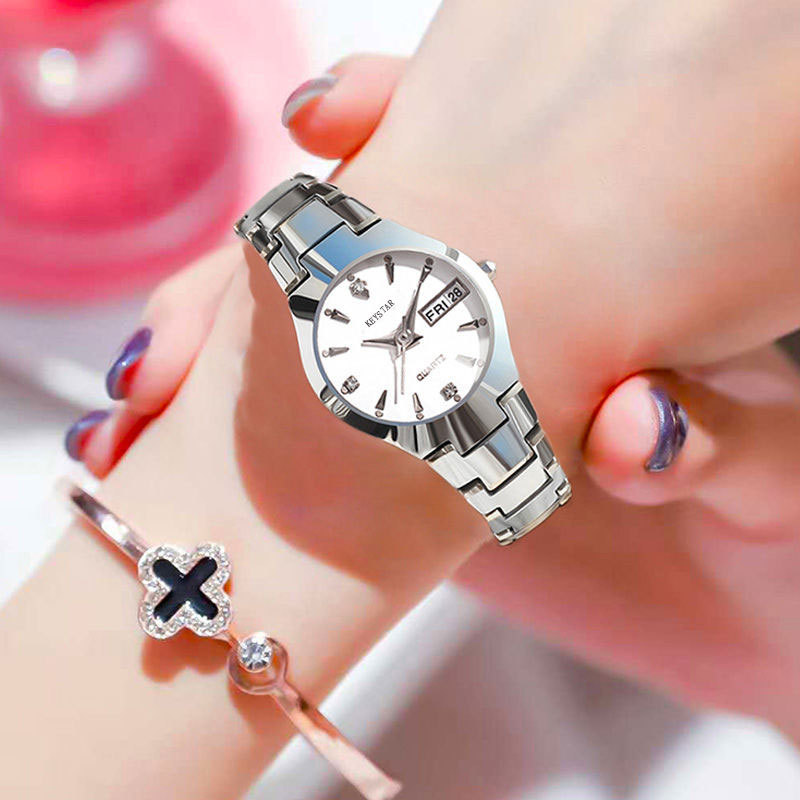 Reloj de mujer de acero de tungsteno totalmente automático popular en línea Reloj de estilo coreano simple impermeable luminoso doble calendario reloj no mecánico