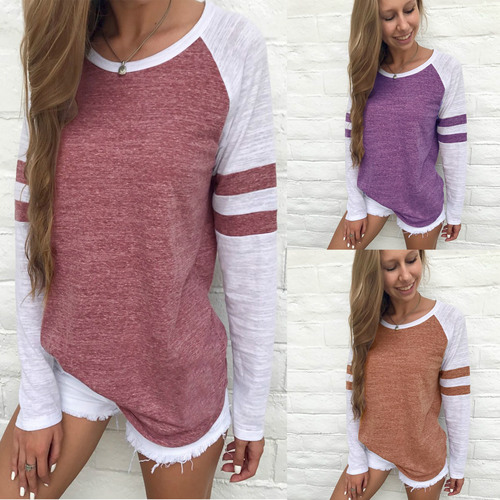 2026 Fashion New Summer Color-blocked Striped Splicing Long-sleeve T-shirt Round Neck Color-blocked Top for Women