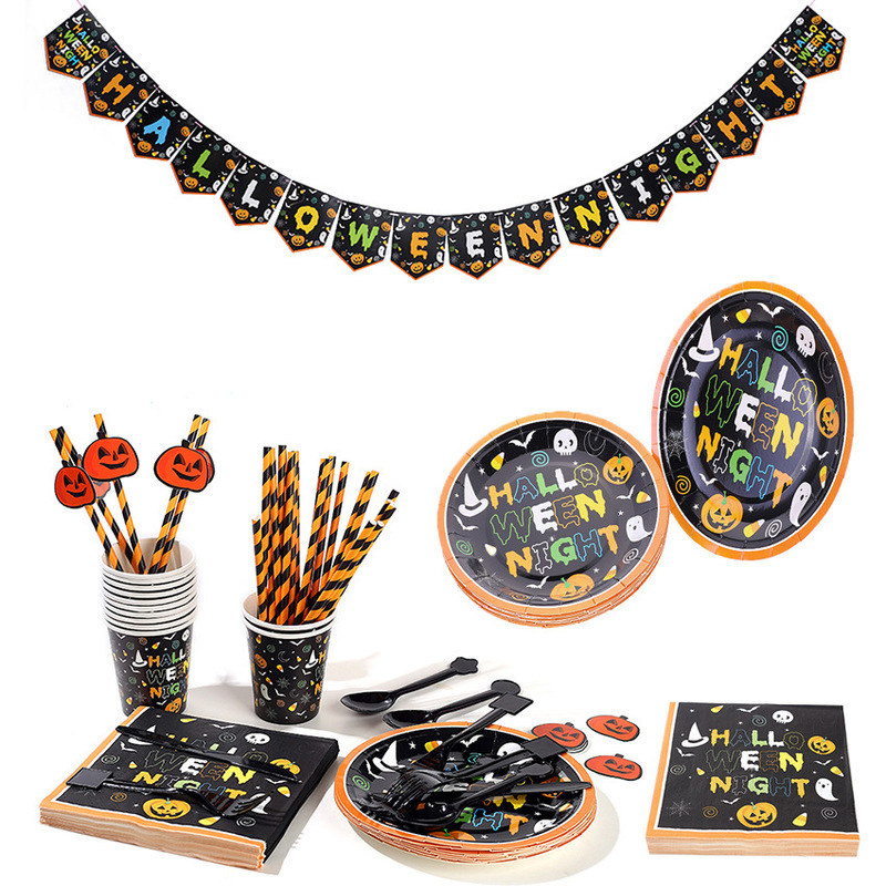 Hot Sale Halloween Party Decorative Tableware Set Pumpkin Tablecloth Paper Tray Banner Halloween Party Set Hot Sale Halloween Party Decorative Tableware Set Pumpkin Tablecloth Paper Tray Banner Halloween Party Set