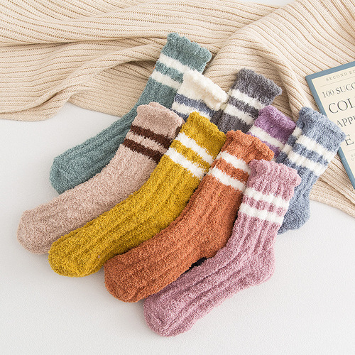 Plush coral velvet socks for women mid-calf socks for autumn and winter striped Morandi color floor socks sleep socks for women