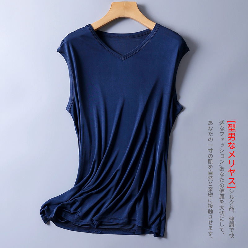 New Men's Knitted Silk V-neck Wide Shoulder Vest Solid Color Mulberry Silk Base Shirt Sports Casual Shirt Undershirt