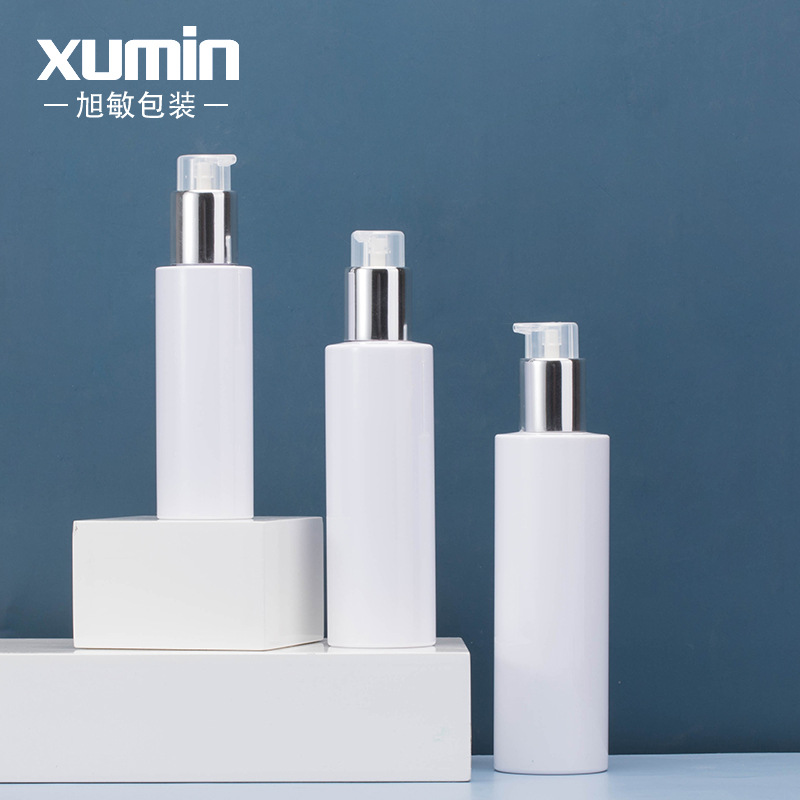 Envase cosmético de 100 ml, botella de plástico PET blanca con hombros planos, botella de presión de mercurio con cierre, botella de loción de presión de mercurio para el cuidado de la piel