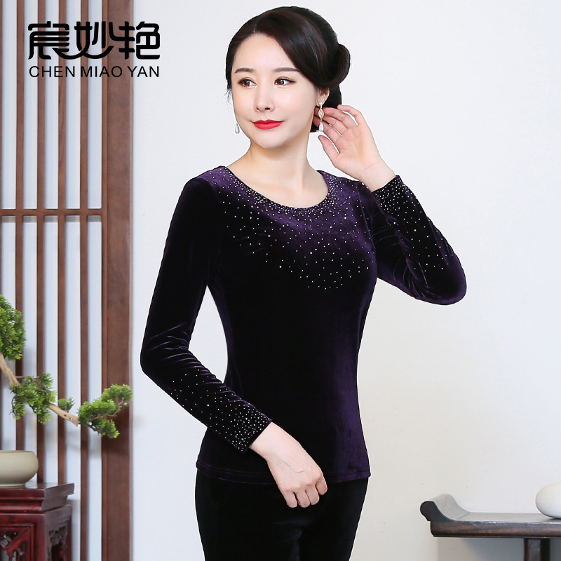 Chen Miaoyan 2024 new long sleeve T-shirt women's top gold velvet plus size women's round neck rhinestone bottoming shirt wholesale