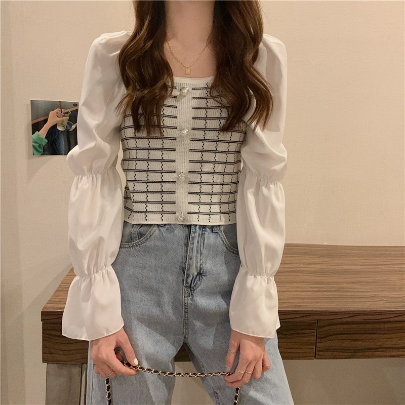 Осенние knitted рукава, короткая свитер, длинный рукав, стиль Chanel, рукав puff, корейский стиль, квадратное декольте