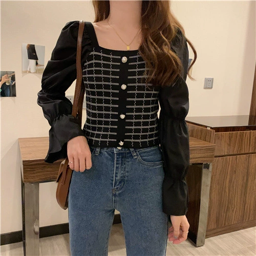 Осенние knitted рукава, короткая свитер, длинный рукав, стиль Chanel, рукав puff, корейский стиль, квадратное декольте