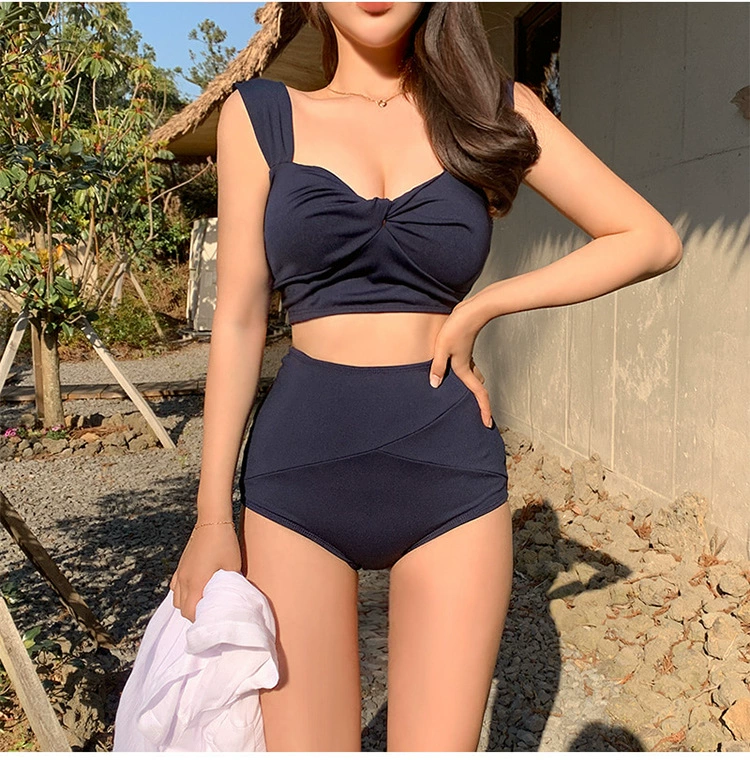 Women's high-waist swimsuit, Korean style tummy-cover split-triangle, solid color (2-piece)