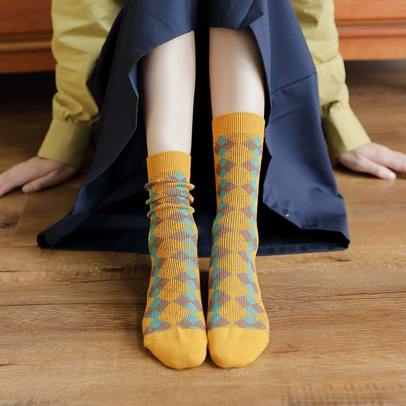 [MISSKING1983秋冬袜子批发 女袜 艺术复古小菱形格纹双路中筒棉袜]
