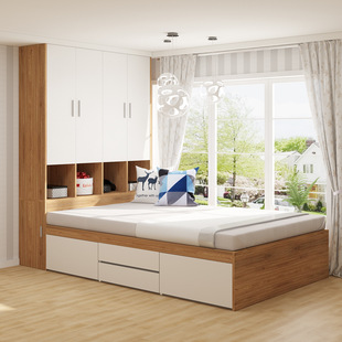Small Apartment Tatami Bed Wardrobe Integrated Combination Locker Bedroom Fixed 1 Small Apartment Modern Simple
