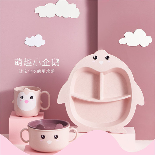 New 6-piece tableware set, divided plate, cute double-eared bowl, milk cup, mouthwash cup, spoon, fork and chopsticks