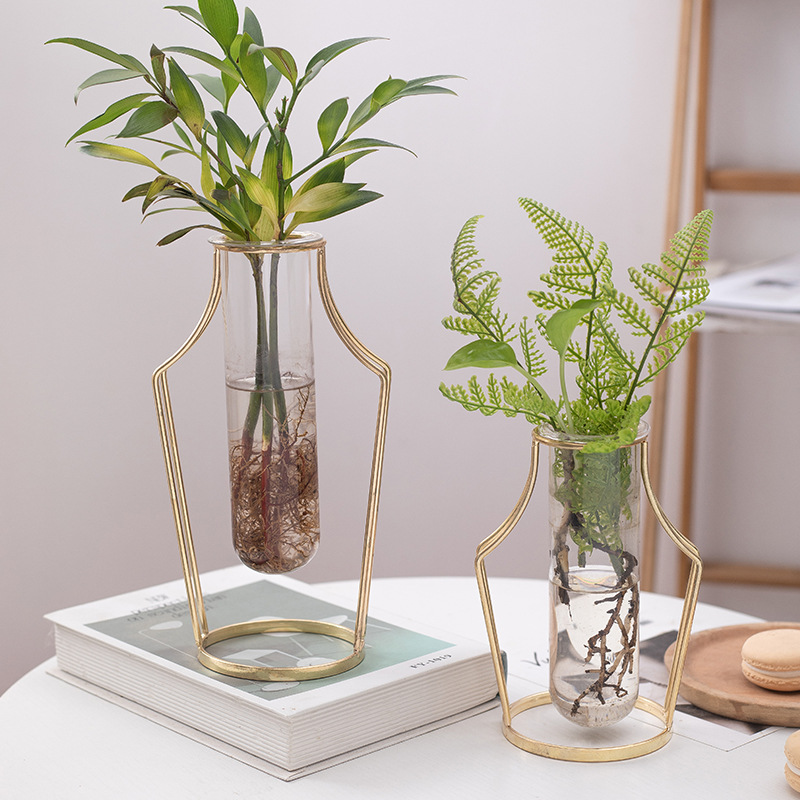 Jarrón de cristal estilo INS, soporte de flores de cristal con arte en hierro dorado para sala de estar, cafetería, mesa de centro, flores secas, flores hidropónicas, plantas verdes.