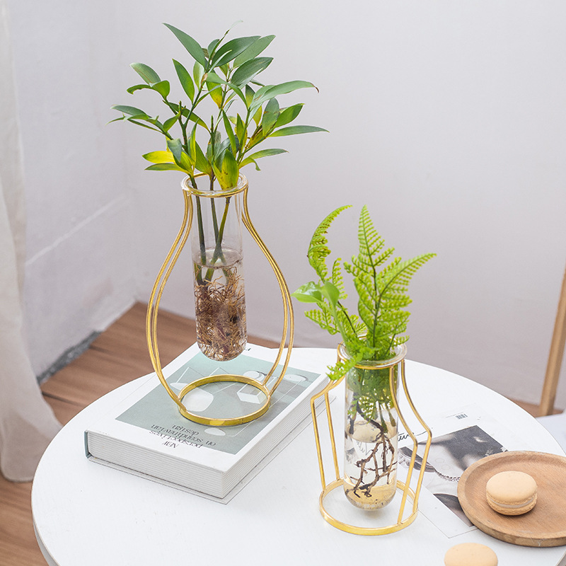 Jarrón de cristal estilo INS, soporte de flores de cristal con arte en hierro dorado para sala de estar, cafetería, mesa de centro, flores secas, flores hidropónicas, plantas verdes.