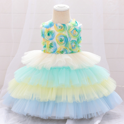 2024 New European and American Children's Baby First Birthday Dress Flower Girl Puffy Cake Skirt Wedding Dress Princess Skirt for Girls 