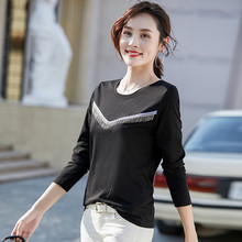 清仓韩版长袖t恤女装秋冬新款大V链条纯黑修身百搭打底女衫6733-1