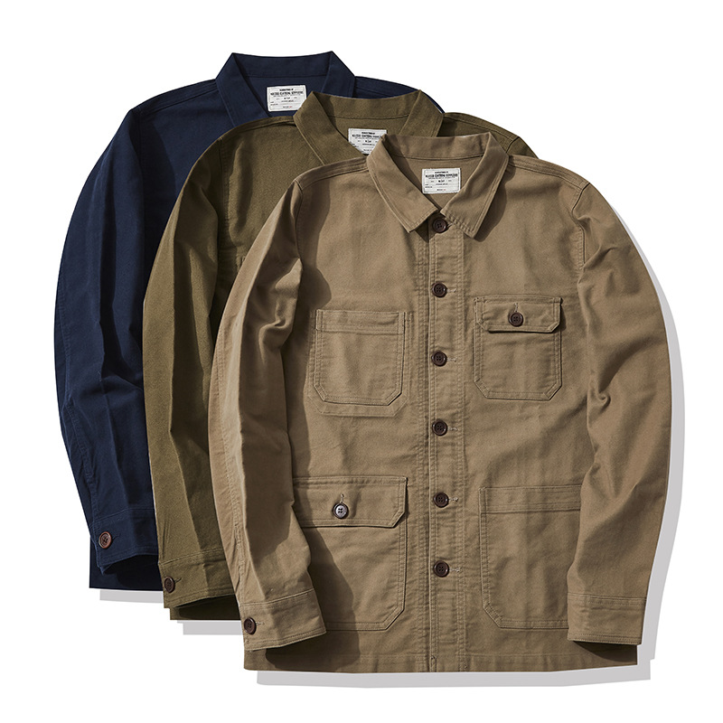 Otoño e Invierno nuevo cuero topo OKONKWO pesado retro francés ropa de trabajo chaqueta multi-Bolsa de abrigo de los hombres