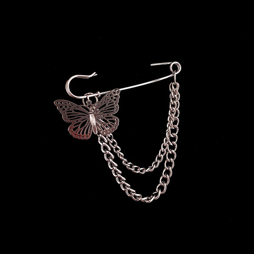 Japanese and Korean Ins Double Chain Hollow Butterfly Pin Brooch Chain Accessory, Hip-Hop Trendy Cool Versatile Matching Accessory