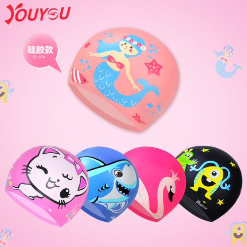 New children's silicone swimming cap for boys and girls, waterproof long hair ear protection, fashionable and cute cartoon swimming equipment