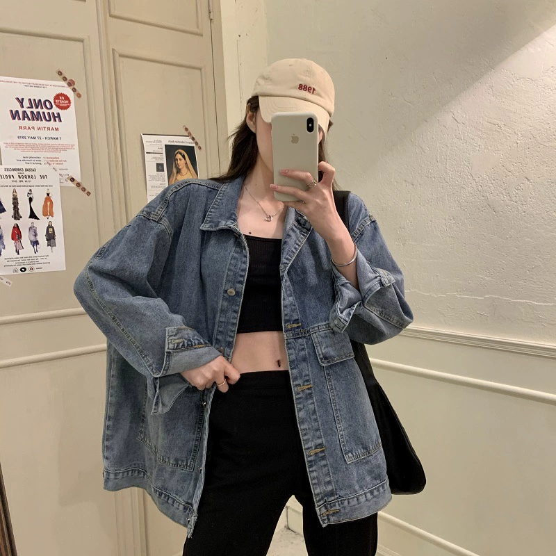 Denim Jacket Women Oversized (2024), Korean BF Style, Retro Long Sleeve