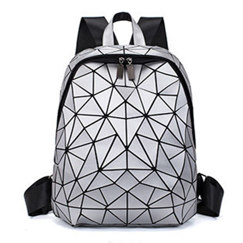 Mochila luminosa a laser geométrica feminina em PU com grade de diamantes da moda_voghion.com