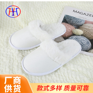 Factory in stock wholesale White casual closed toe thermal slippers suede mixed rabbit fur mouth half slippers rubber sole