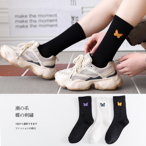 Embroidered butterfly knot socks for women, Korean-style college fashion, retro pure cotton socks, black and white, student ankle and knee-high socks