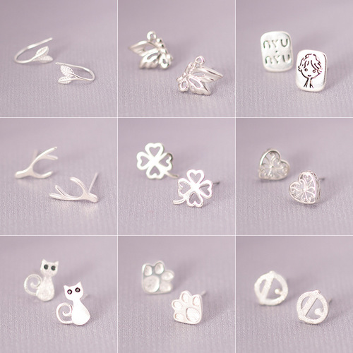 Set of 6s925 Silver Needles Star and Moon Earrings, Fashionable, Simple, Small, Plain Silver, Weekly Earrings for Women