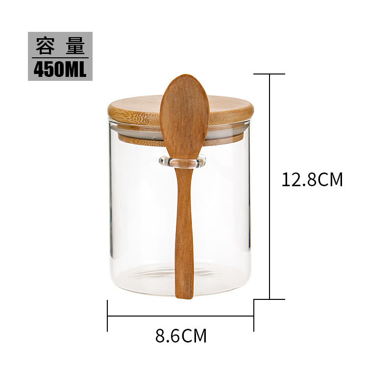 Tarro para condimentos con cuchara, botella para almacenar granos de café y leche en polvo, botella para especias, contenedor de clasificación para cocina, tarro de vidrio de borosilicato alto