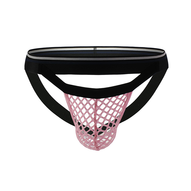 In stock wholesale fishing net men's underwear thin large mesh hip-exposed U convex breathable low waist plus size double thongs foreign trade