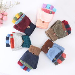 New Autumn/Winter Fleece Children's Warm Gloves for 5-13 Year Old Students, Cartoon Cashmere Knitted Flip-Top Half-Finger Gloves