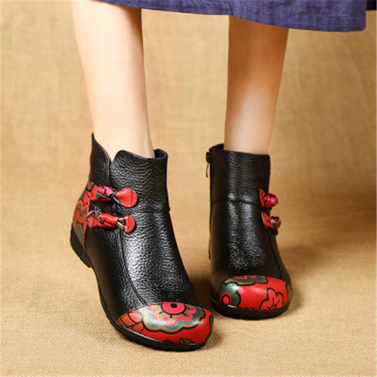 Ethnic leather low boots with bow, keep warm shoes for mother, ethnic style