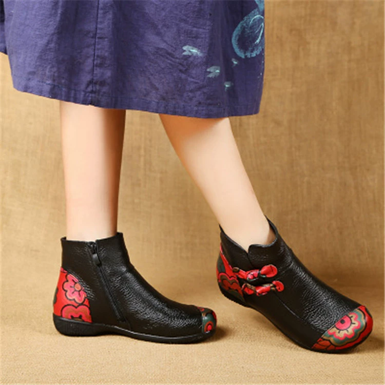 Ethnic leather low boots with bow, keep warm shoes for mother, ethnic style