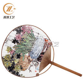 圆型长柄团扇 来图定*制纯手工制作山水画古风团扇批发