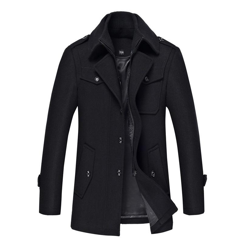 Suministro transfronterizo de abrigos de lana para hombre de otoño e invierno con cuello de doble capa y protección para el cuello, gabardina de longitud media para hombre, chaqueta de lana informal