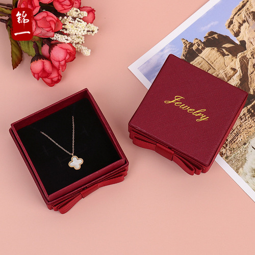 Wholesale classic retro burgundy bow jewelry box necklace ring gift packaging box printed with LOGO