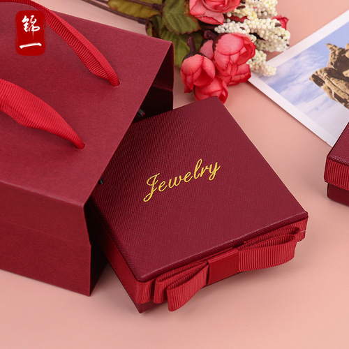 Wholesale classic retro burgundy bow jewelry box necklace ring gift packaging box printed with LOGO