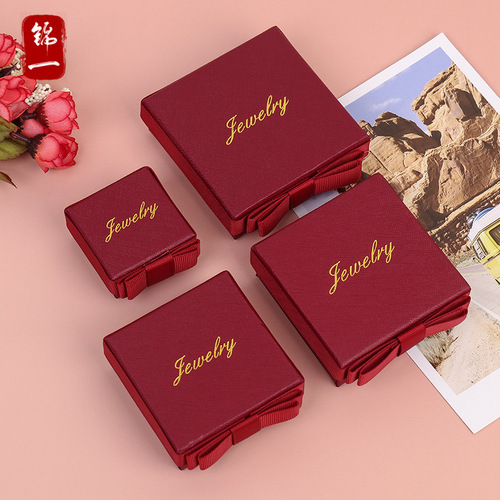 Wholesale classic retro burgundy bow jewelry box necklace ring gift packaging box printed with LOGO