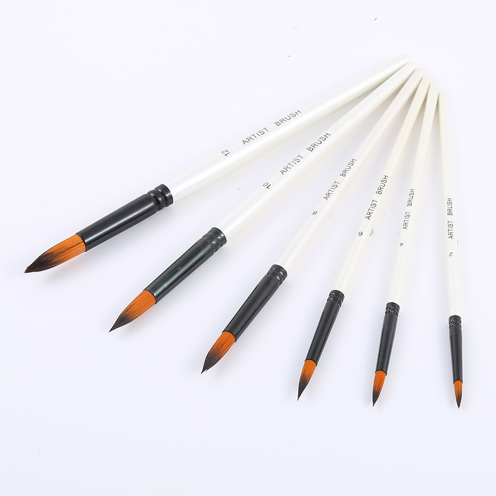 Transfronterizo 6 pinceles de madera perlada barra blanca de dos colores de nylon cabello cabeza redonda cabeza plana para niños DIY pinceles de pintura al óleo