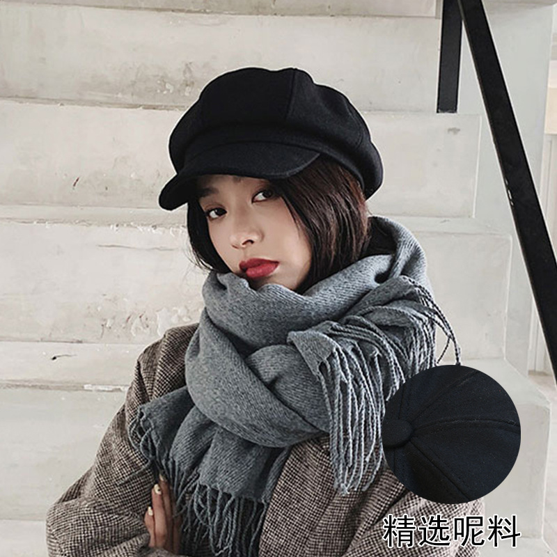Tianjidai boina de lana las mujeres del otoño y el invierno negro casquillo enarbolado moda retro pintor estilo Coreano Británico octogonal sombrero