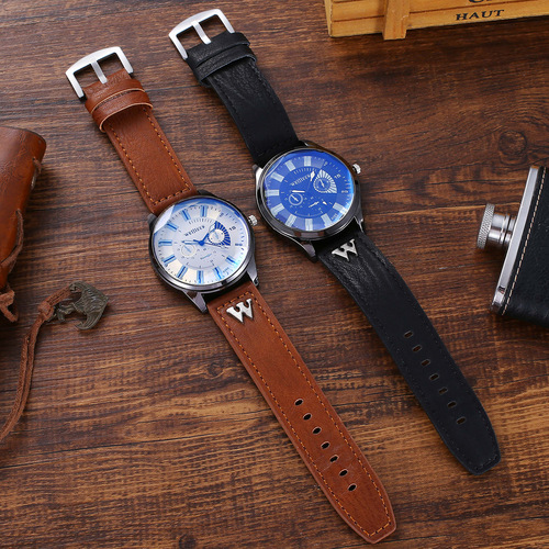 Fashionable business formal casual large dial belt quartz watch and bracelet set (3pcs/set)