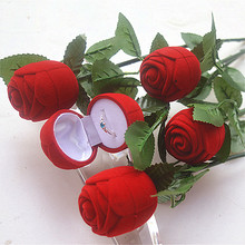 热销款大红戒指盒 定婚玫瑰花戒指盒 情人节玫瑰花带枝叶饰品盒