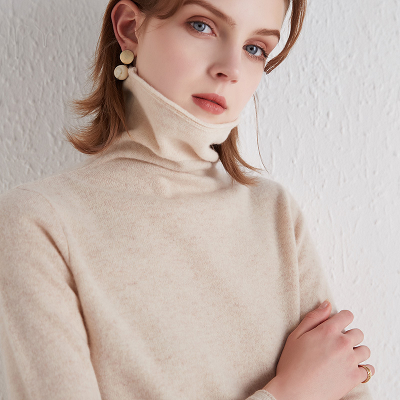 Cross-border Wholesale Women's Pure Wool Knitted Sweater Women's New Slim-fit Simple Piled High Collar Short Women's Cashmere