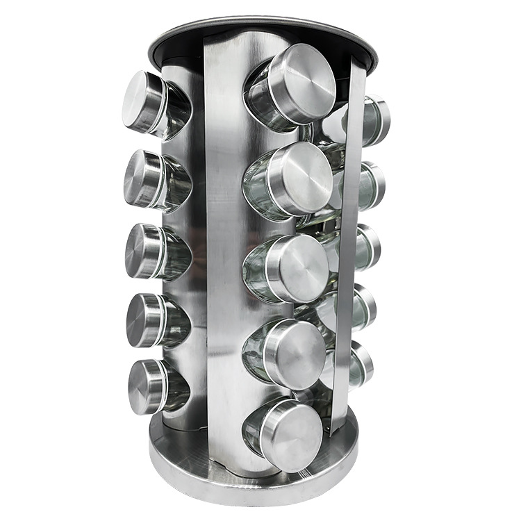Suministros de cocina Acero inoxidable condimento botella traje 20 condimento botellas con estante giratorio pimienta Shaker