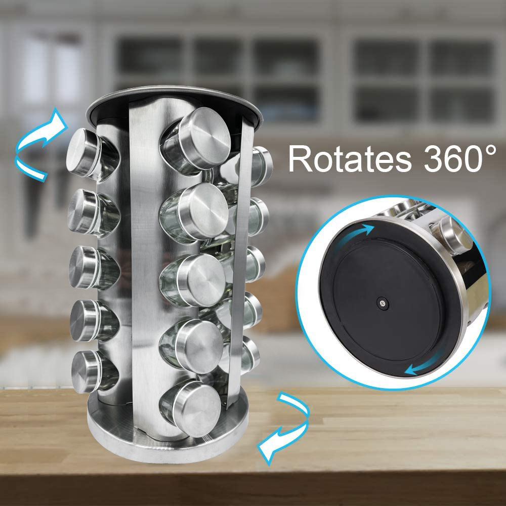 Suministros de cocina Acero inoxidable condimento botella traje 20 condimento botellas con estante giratorio pimienta Shaker