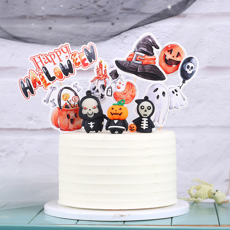 ハロウィーンケーキ装飾手描き風幽霊カボチャ蜘蛛の巣小僧ハロウィーンケーキ装飾カード|undefined