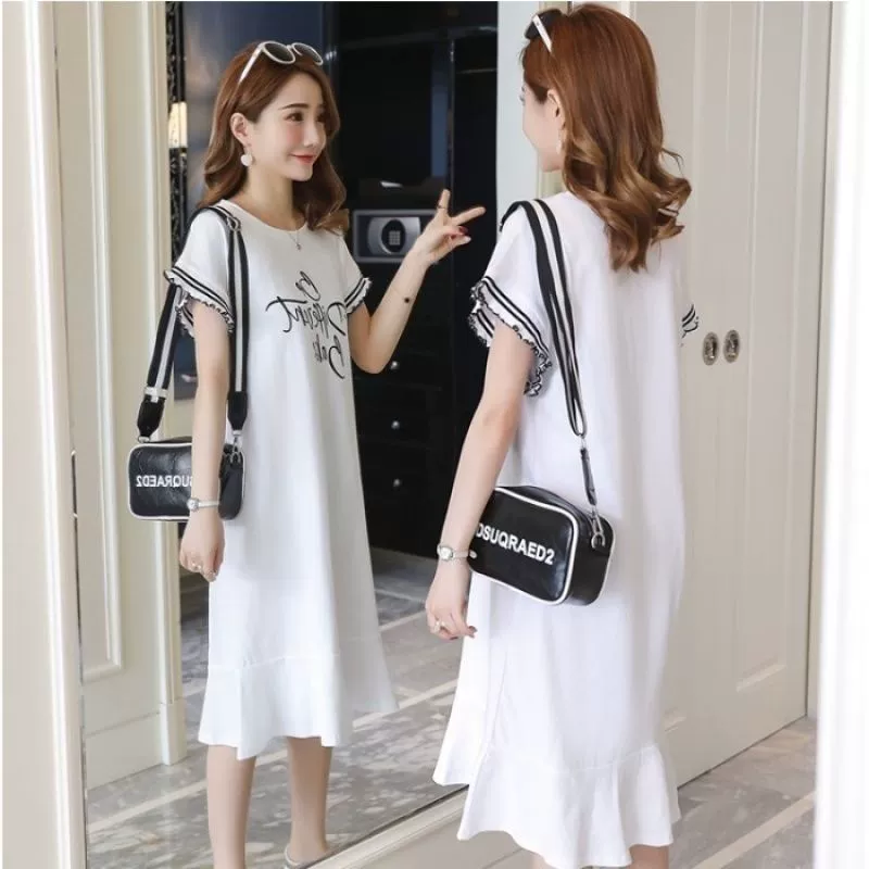 Южная Корея летнее платье для беременных платье с коротким рукавом летнее модное свободное платье годе средней длины для беременных костюм платье