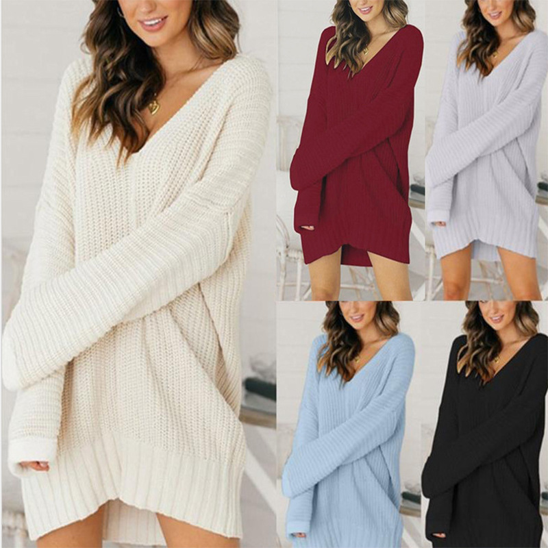 2023 Europe and the United States cross-border foreign trade sweater wish Amazon ladies loose V-neck long dress sweater 2023 Europe and the United States cross-border foreign trade sweater wish Amazon ladies loose V-neck long dress sweater